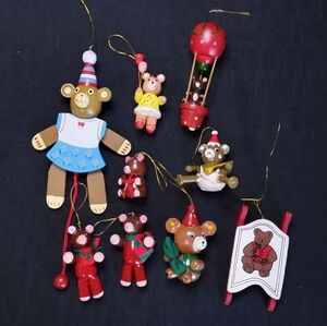 Lot Of Vintage Wooden Painted Bear Themed Christmas Tree Ornaments